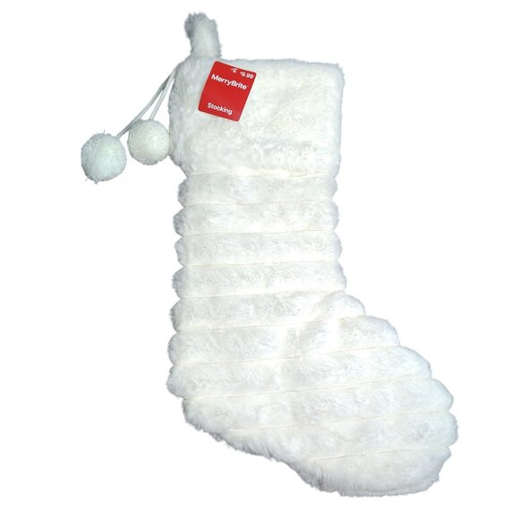 Merry Brite 21 Inch Plush White Christmas Stocking With Pom Pom Accents - Picture 1 of 2